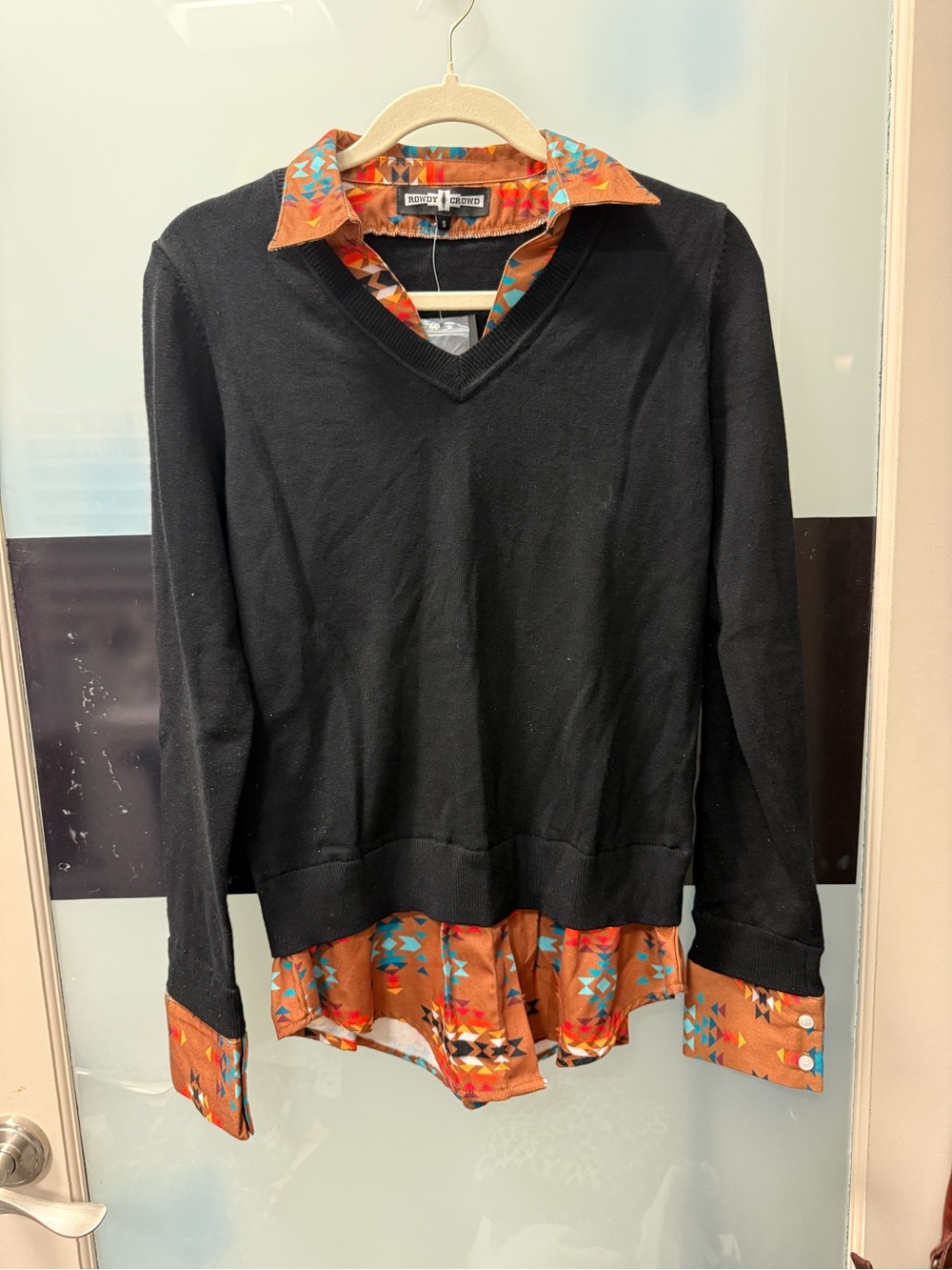 Roxy Women's Black V-Neck Sweater with Orange Printed Layered Hem & Collar